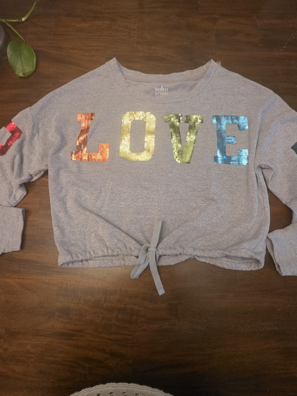 Soho Street NY & Co Gray "LOVE" Cropped Tie-Front Sweatshirt Medium
